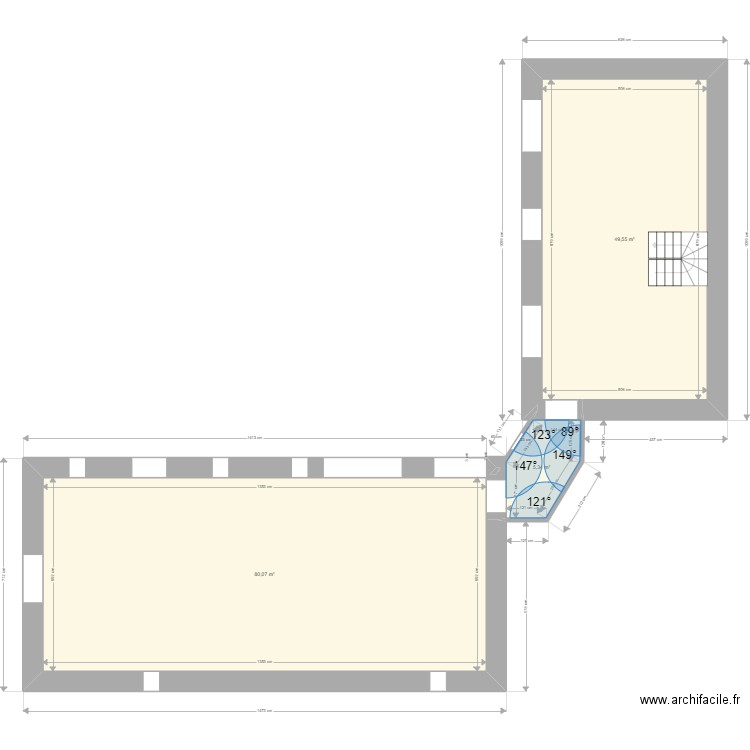 Phase 2/ Kerboal actuel + extension. Plan de 5 pièces et 208 m2