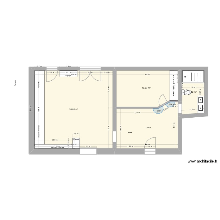 cotation PC. Plan de 4 pièces et 60 m2