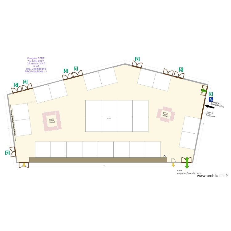 Congrès SFRP  15 JUIN 2027   stands 3 X 3  9 m2  esp. Champagne  PROPOSITION  : 1. Plan de 1 pièce et 584 m2