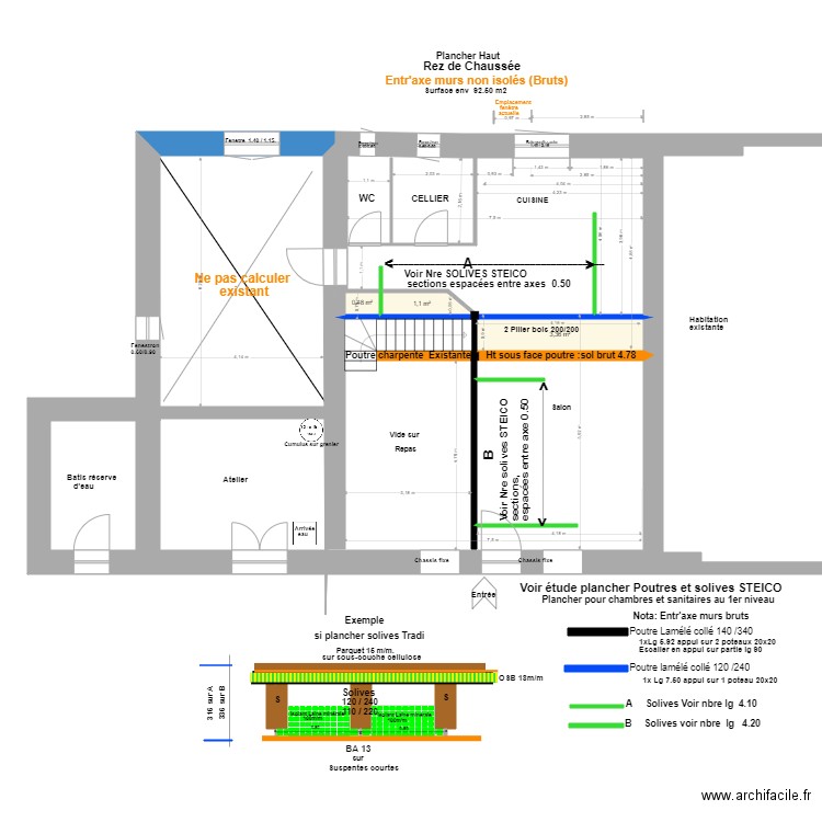 Etude Plancher Ht, R de Ch ''STEICO+. Plan de 3 pièces et 5 m2