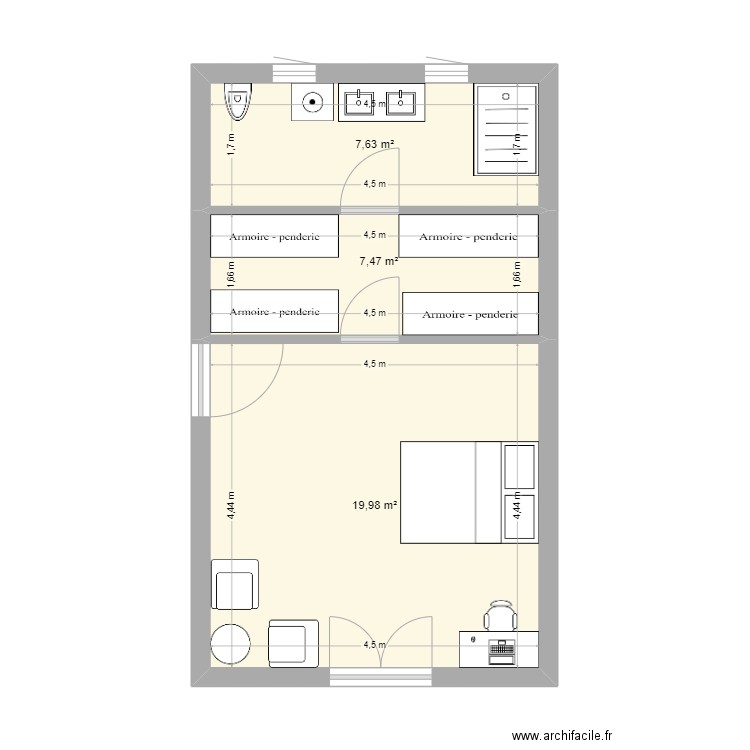 Suite Parentale. Plan de 3 pièces et 35 m2