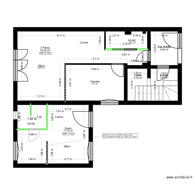 P0.2 PLAN RDC CLOISONS MODIFIEES - PROJET SONNEVILLE. Plan de 11 pièces et 63 m2