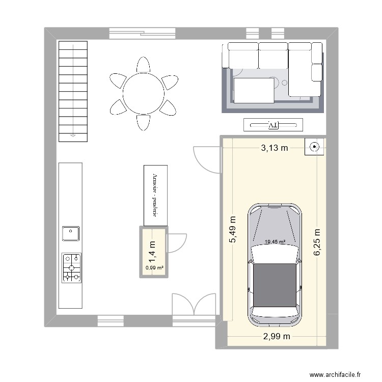 RDC Maison carrée. Plan de 2 pièces et 20 m2