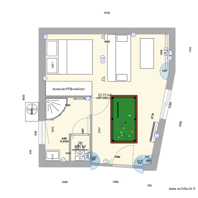 studio. Plan de 2 pièces et 25 m2