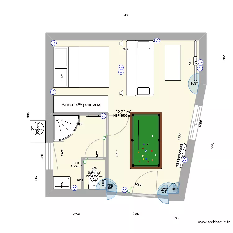 studio. Plan de 2  et 25 m²