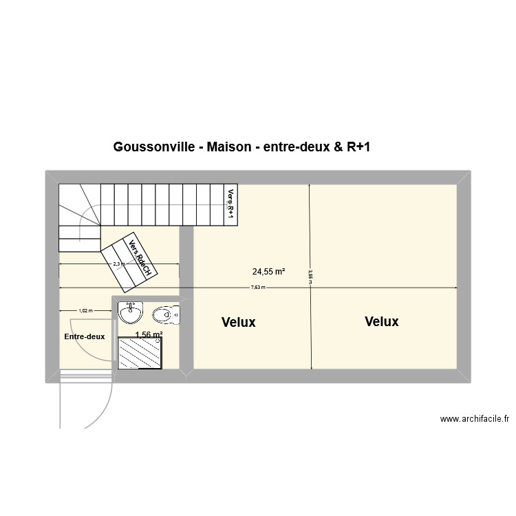 Goussonville - Maison - Entre-deux & R+1. Plan de 2 pièces et 26 m2