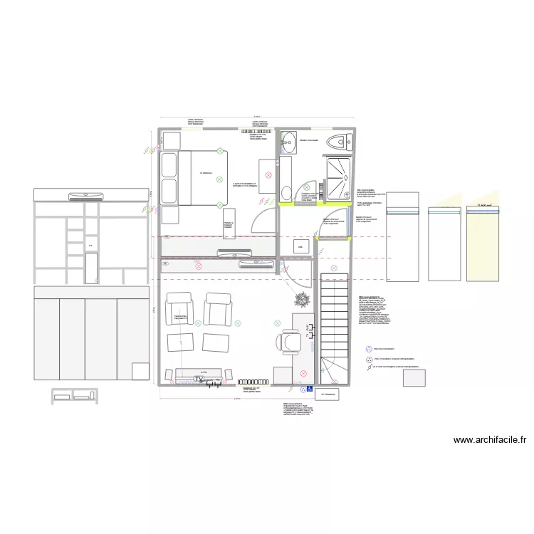 **** Remise: salon + SDB projet 4 variante 1 (2e temps). Plan de 15 Pièces et 47 m²