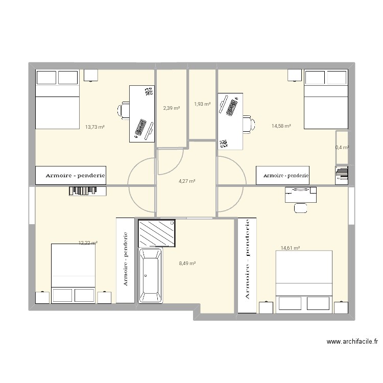 Etage maillon aménagé v2. Plan de 9 pièces et 73 m2