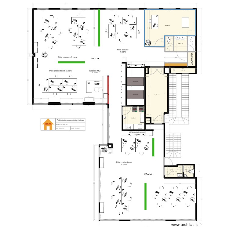 Plan 1 étage-sanitaires côté cour. Plan de 14 pièces et 55 m2