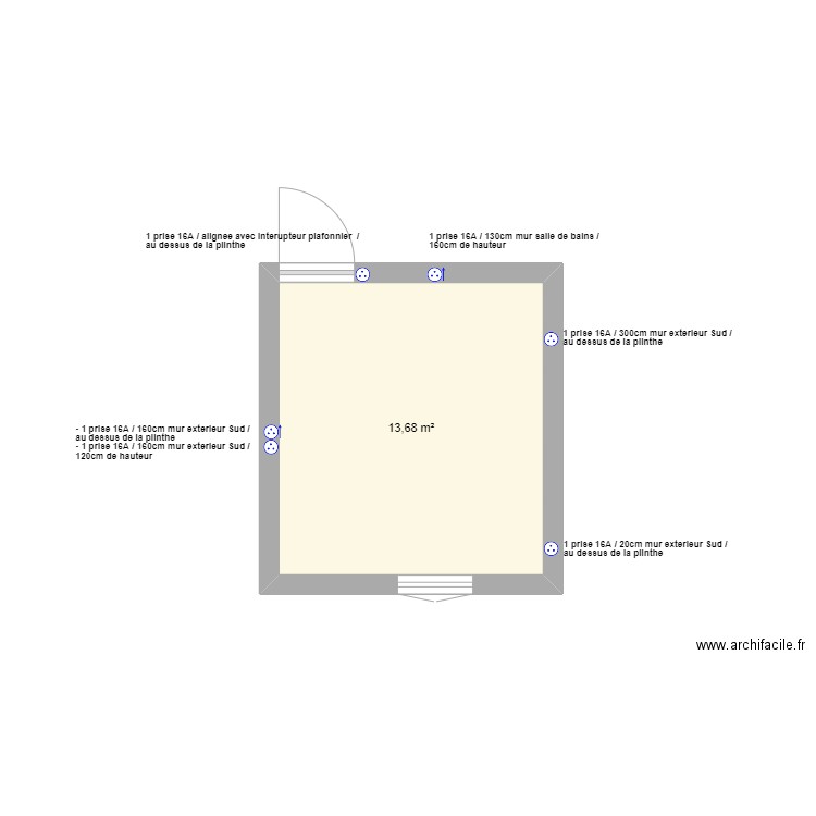 Chambre Sud prises. Plan de 1 pièce et 14 m2