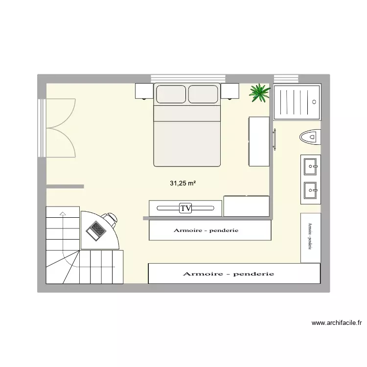 Chambre parentale idée 2. Plan de 1 Pièce et 31 m² Chambre parentale idée 2. Plan de 1 Pièce et 31 m²