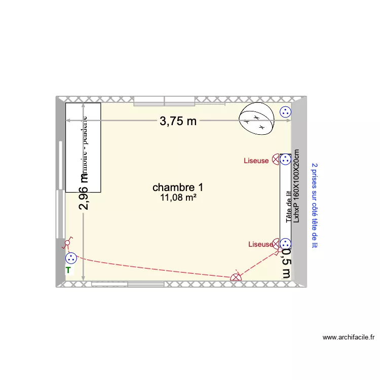 tête de lit chambre 1 bis. Plan de 2 pièces et 33 m² tête de lit chambre 1 bis. Plan de 2 pièces et 33 m²