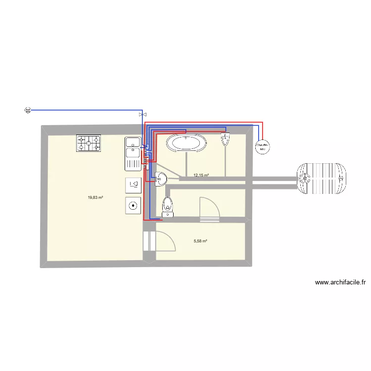 maison hamza. Plan de 3 pièces et 38 m²