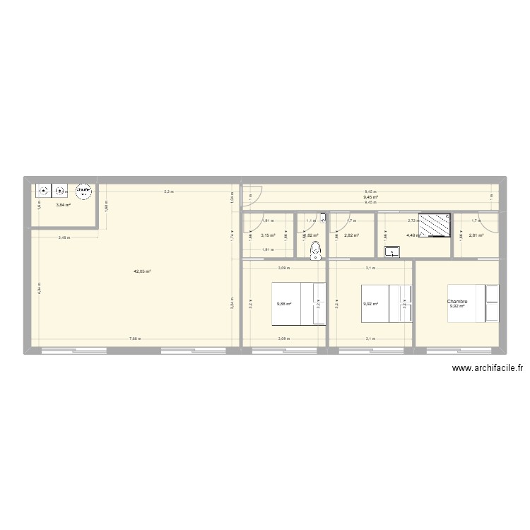 semi entéré. Plan de 11 pièces et 100 m2