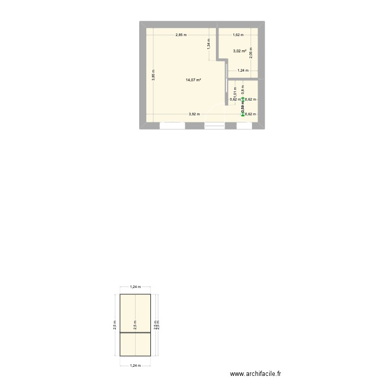 JURA. Plan de 2 pièces et 17 m2
