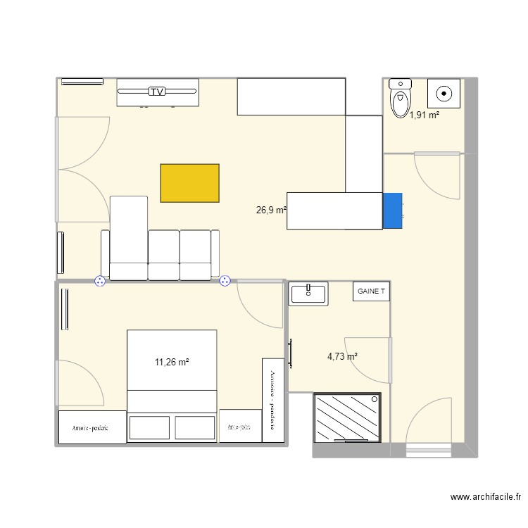 POISSY. Plan de 4 pièces et 45 m2