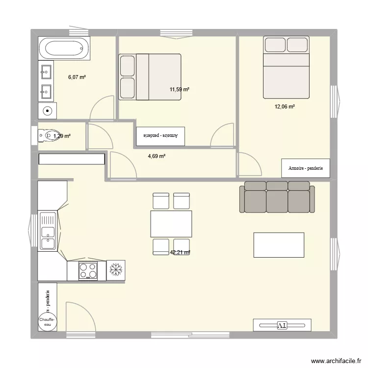 maison 2 chambres. Plan de 6  et 78 m²