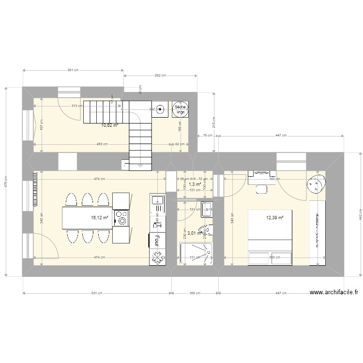 Studio en mode duplex. Plan de 5 pièces et 43 m2