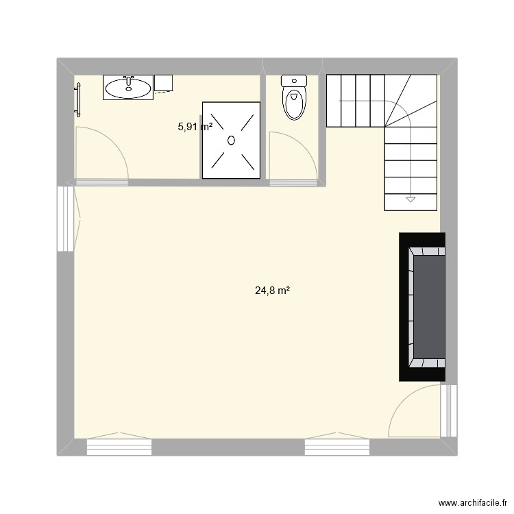 salon salle de bain. Plan de 2 pièces et 31 m2