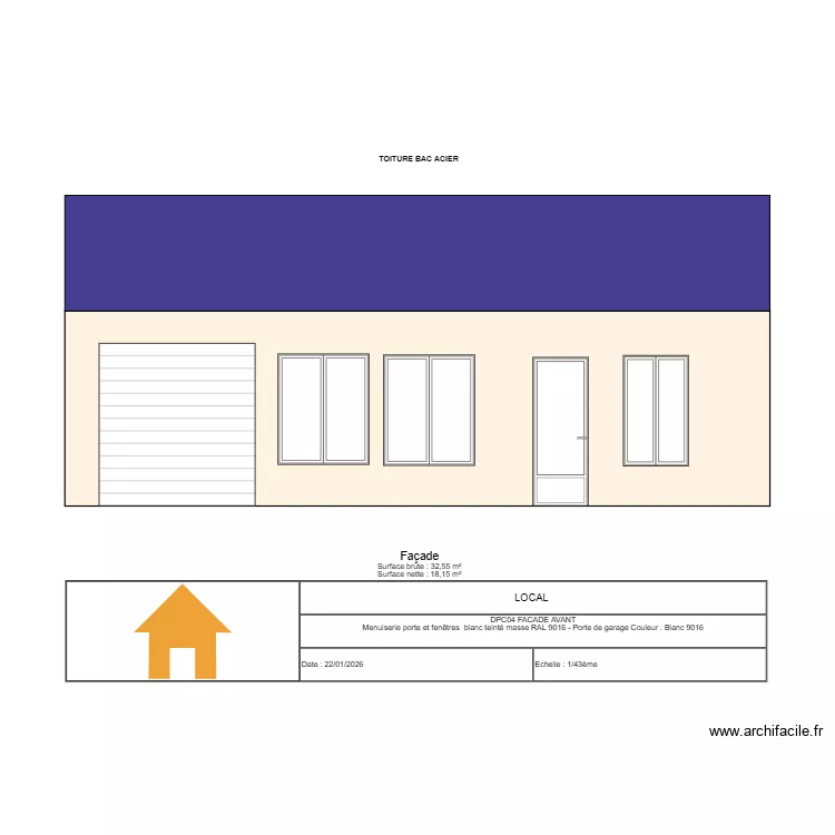 FACADE AVANT menuiserie blanche sans cotations. Plan de 