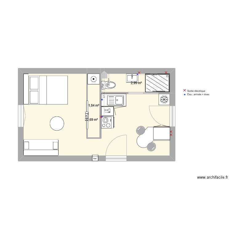 Sépastopol aménagé v2. Plan de 3 pièces et 27 m2