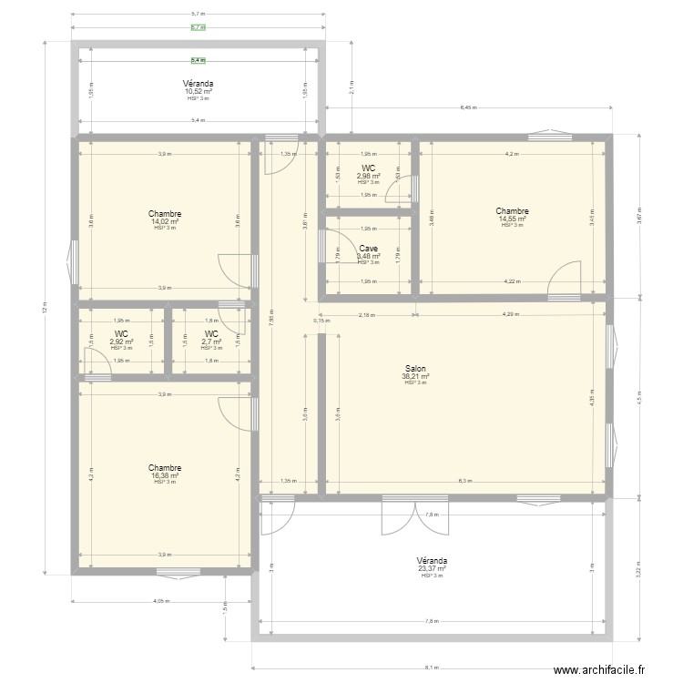 Plan de Vincent : 3 ch 1 sal 2 vér. Plan de 10 pièces et 129 m2