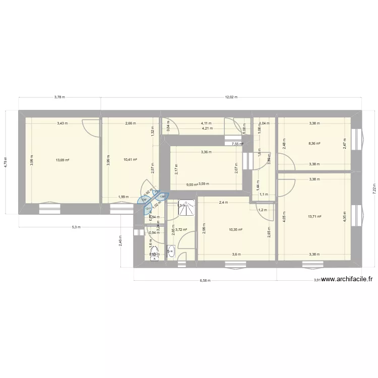1er &eacute;tage Venerable actuel. Plan de 8 pièces et 77 m²