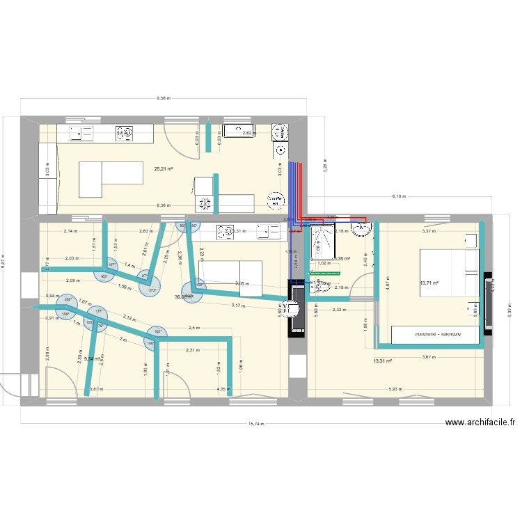 Salle de bain et cuisine Eau. Plan de 6 pièces et 103 m2