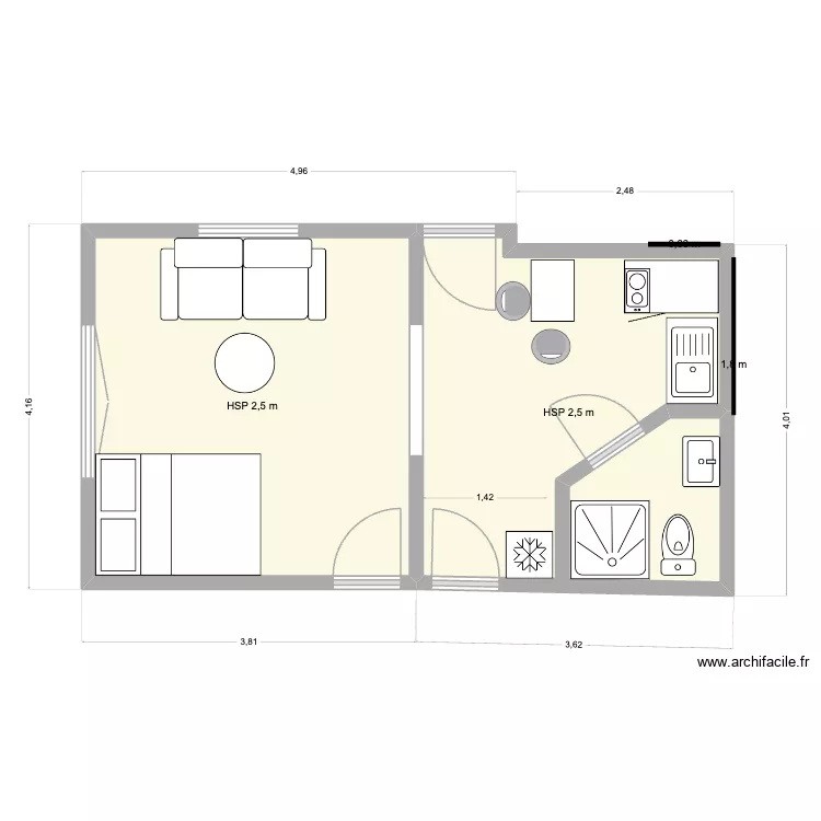 Chambre Salon AirB&B. Plan de 2  et 26 m²