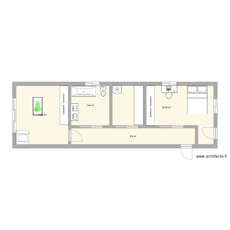 garage. Plan de 4 pièces et 53 m2