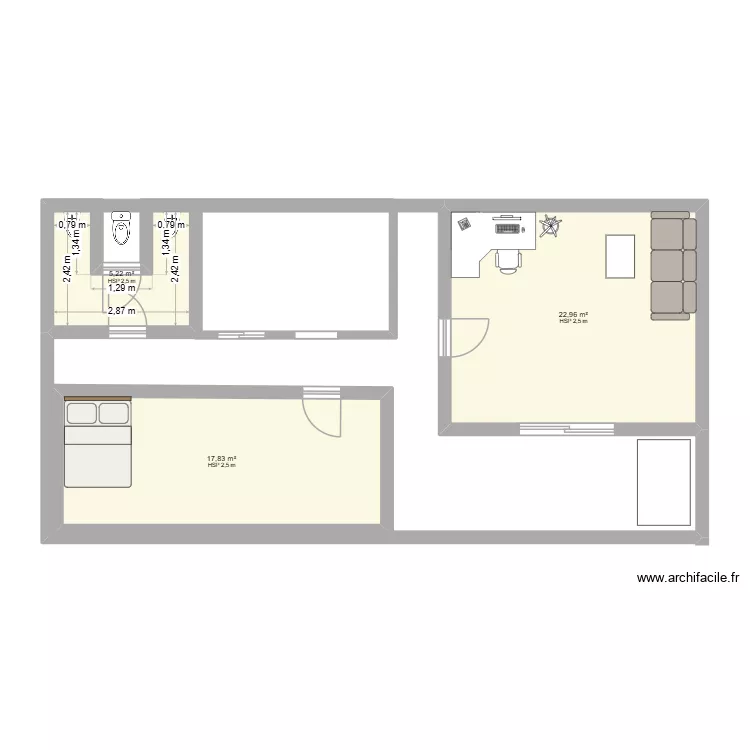 projet bureau. Plan de 3  et 46 m²