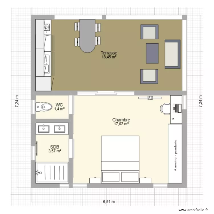 Bungalow de 47 m2. Plan de 