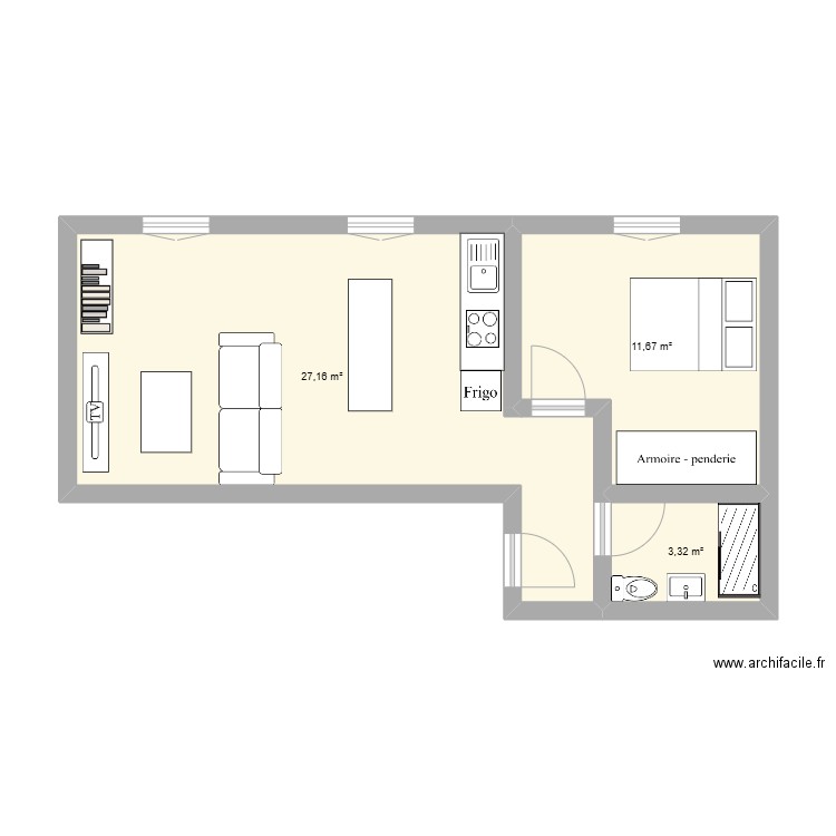 F2 corbeil ouverture cuisine. Plan de 3 pièces et 42 m2