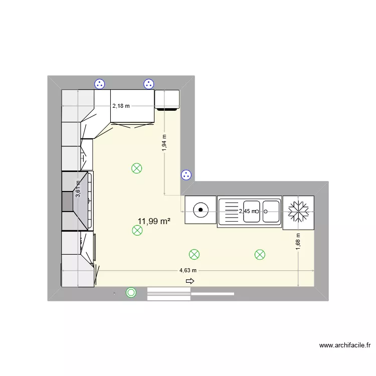cuisine en L. Plan de 1  et 12 m²
