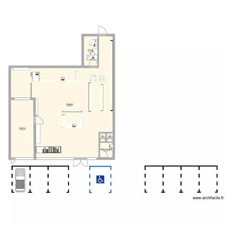 Magasin. Plan de 6  et 102 m²