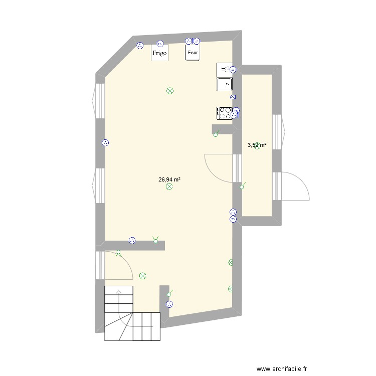 piece a vivre. Plan de 2 pièces et 30 m2