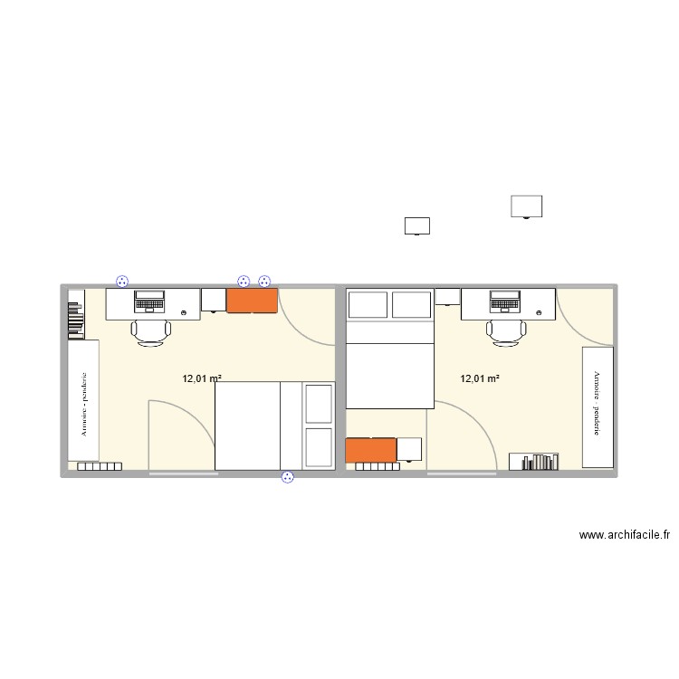 chambre. Plan de 2 pièces et 24 m2