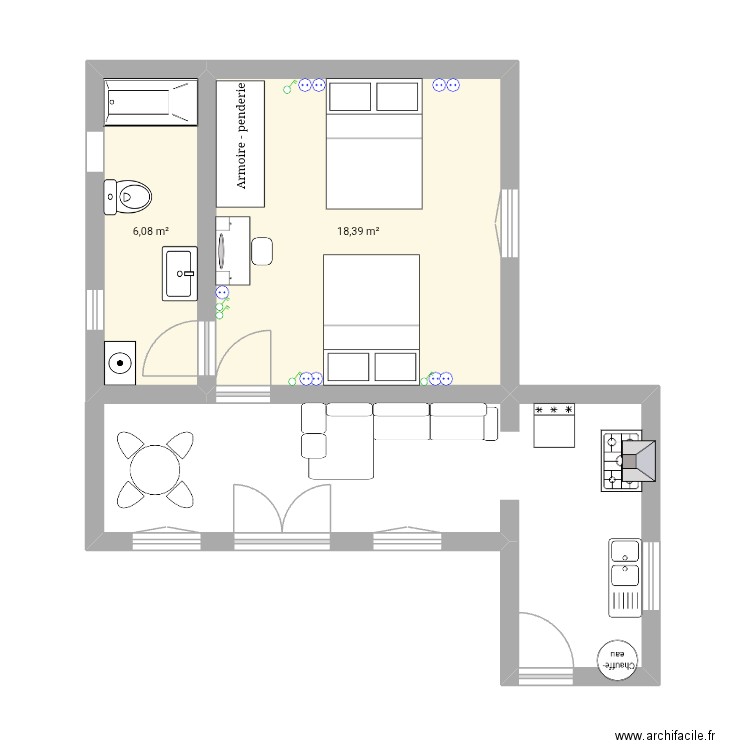 Wajdi. Plan de 2 pièces et 24 m2