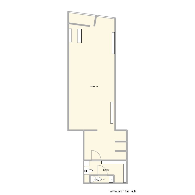 magasin cour. Plan de 3 pièces et 52 m2