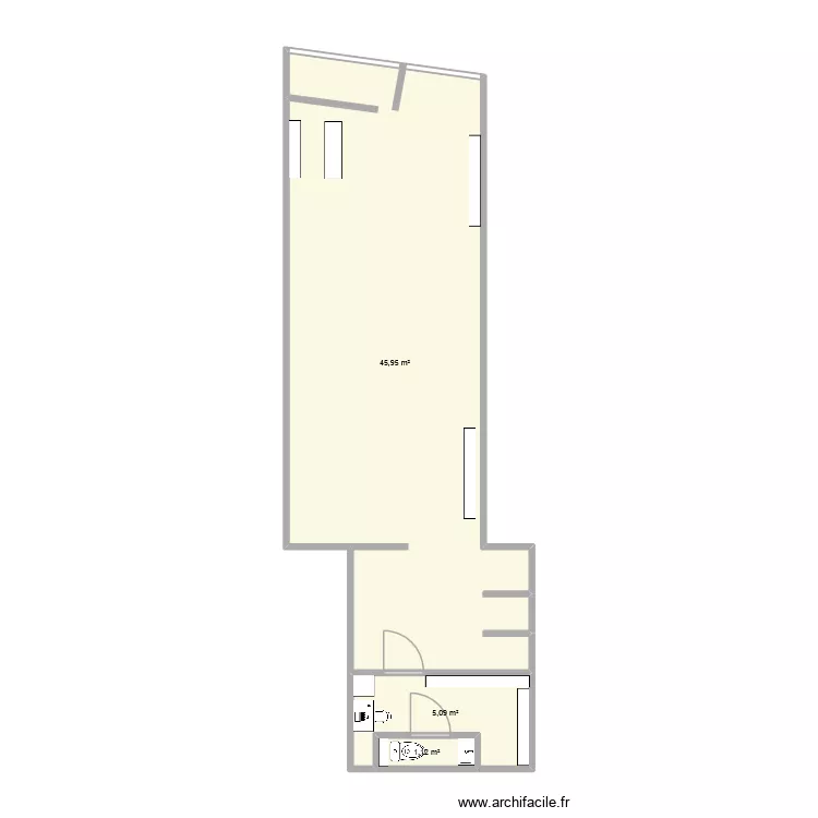 magasin cour. Plan de 3 pièces et 52 m²