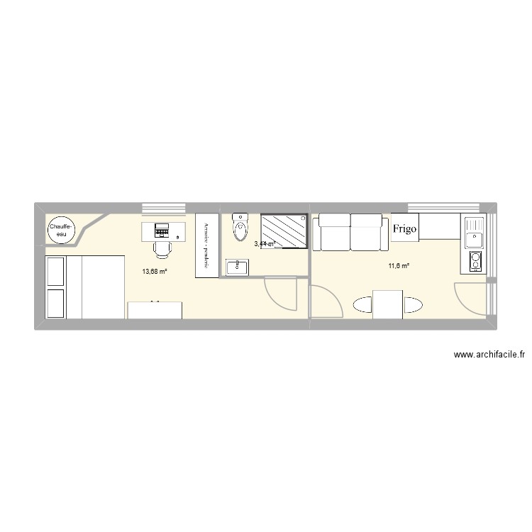 Studio Hugo. Plan de 2 pièces et 23 m2