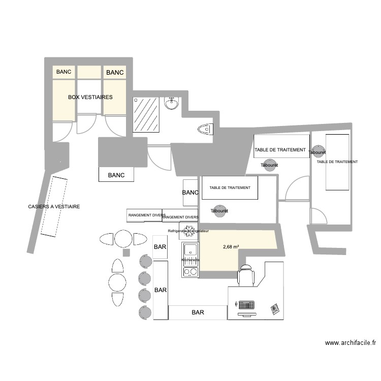 vestiaire wc/douche salle de traitement. Plan de 7 pièces et 8 m2