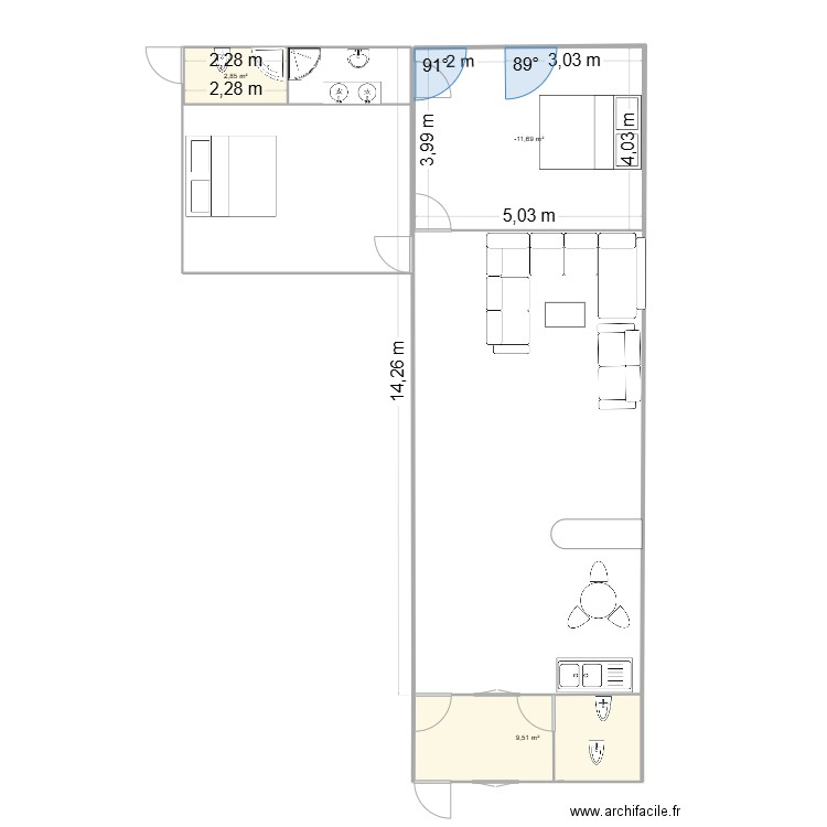 plan etage. Plan de 3 pièces et 33 m2