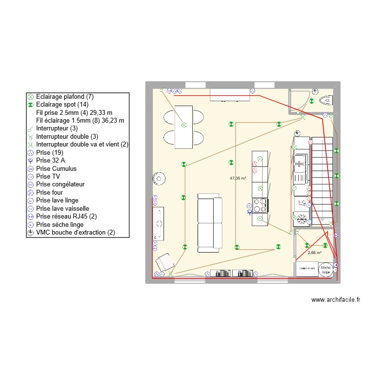 plan 1ER elec. Plan de 2 pièces et 50 m2