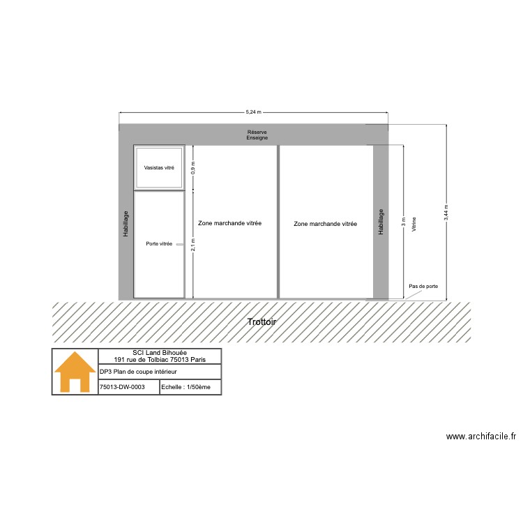 DP3-Plan de coupe intérieur. Plan de 2 pièces et 21 m2