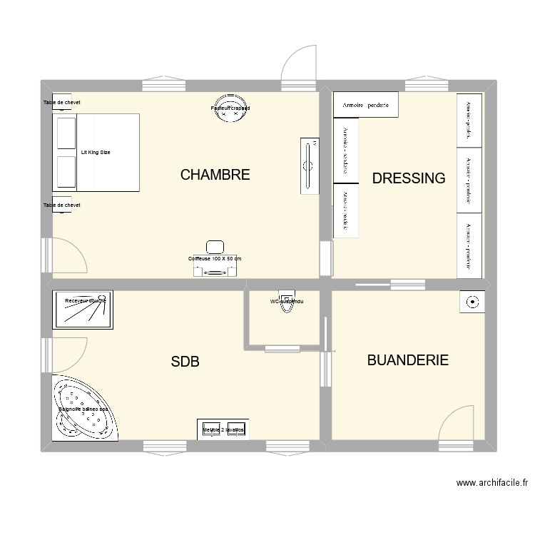 pierrot aménagé. Plan de 2 pièces et 36 m2