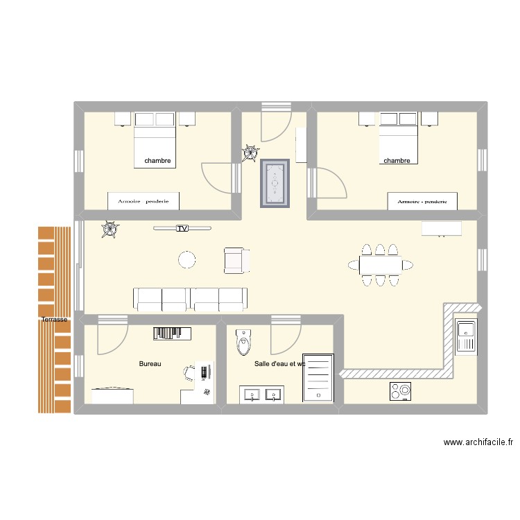 Aménagement T3 Clémenceau. Plan de 6 pièces et 74 m2