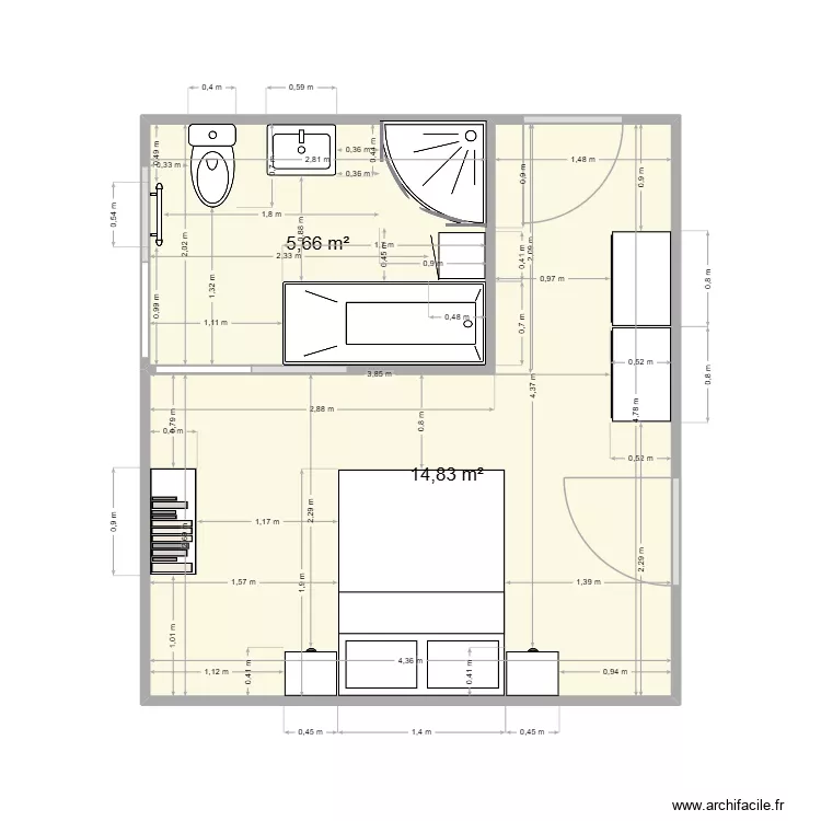 chambre bas. Plan de 2  et 21 m²