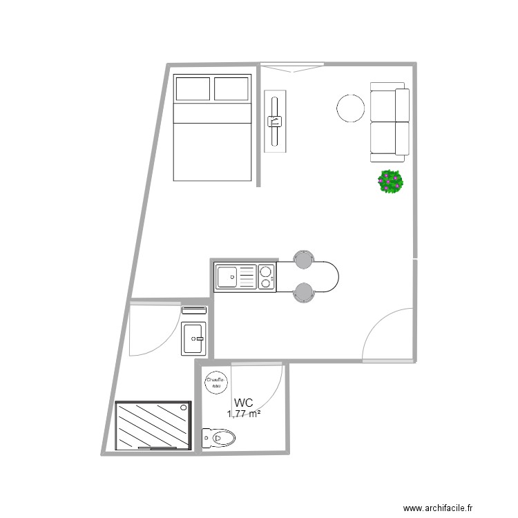 Studio Ben V2 . Plan de 1 pièce et 2 m2