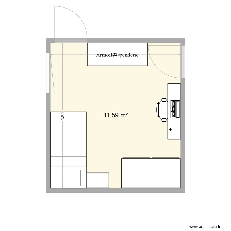 Chambre Siloé. Plan de 1 pièce et 12 m2